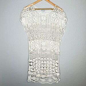 Blue Island Crochet Lace Beach Cover Up Cream Sheer Boho Swim Tunic Dress S/M